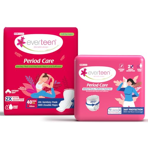 Image of everteen 40 XXL Sanitary Pads and 10 L-XL Period Panty Combo for Women, Cotton Soft Disposable Period Panties for Heavy Flow, Infused with Neem and Safflower, Period Panty for girls - Pack of 2