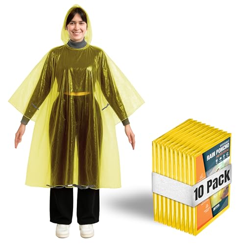 Image of Better Office Products Disposable Yellow Rain Ponchos with Hood for Adults (Thicker Gauge), Emergency Ponchos, Lightweight