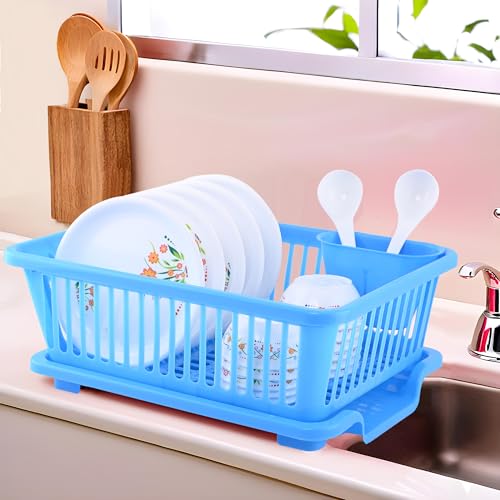 Image of Kuber Industries 2 Pcs Plastic Sink Dish Drainer Rack | 3 in 1 Large Durable Drainer Drying Rack Washing Basket with Tray | Home & Kitchen Dish Rack Organizers, Utensils Tools Cutlery - Blue