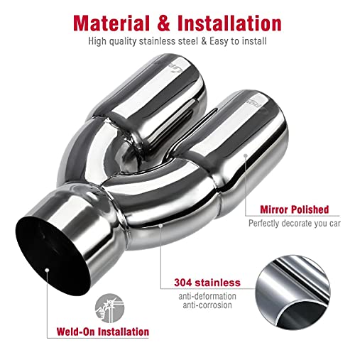 Upower Dual Exhaust Tip 3 Inch Inlet 3" Outlet 9.5" Long Tail Pipe Double Wall Polished Stainless Steel #TOP5