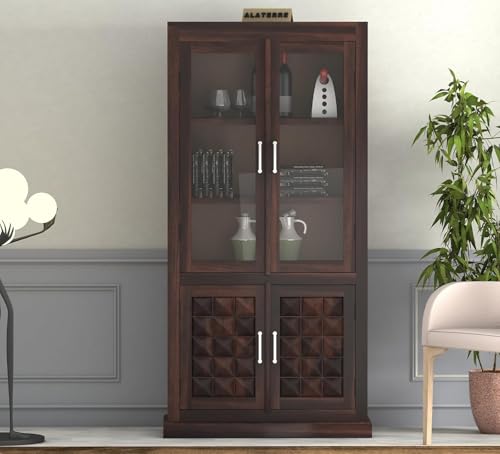 Image of Sheesham Wood Bookshelf with Glass Door for Home Library Solid Wood Bookcase Wooden Crockery Cabinet for Kitchen Book Shelf (Walnut Finish)