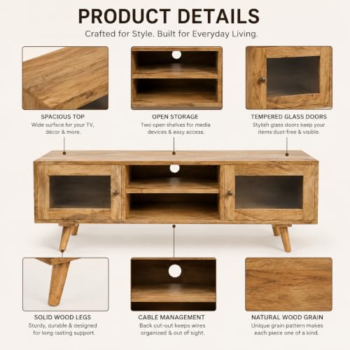 Image of The Attic Janah TV Cabinet, Solid Wood Sideboard TV Cabinet for Living Room, Wooden Free Standing TV Unit Side Board Table with Storage, Natural Matte Finish Glass