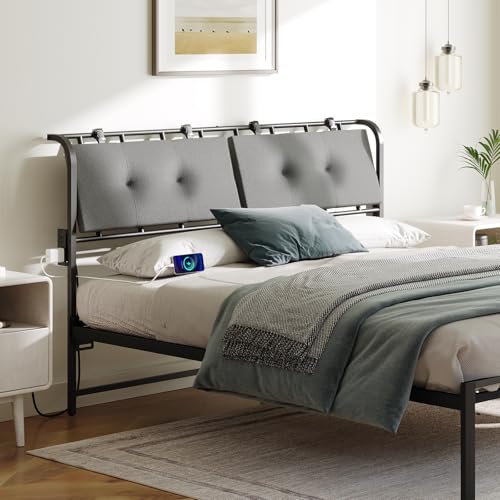 Upholstered Queen Size Headboard with Charging Stations - Black/Grey