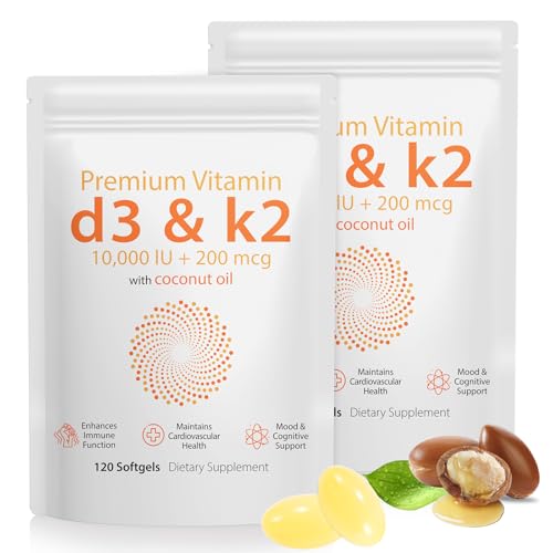 2 Packs Vitamin D3 & Vitamin K2 (MK-7) Softgels 240 High Strength VIT D3 K2 Supplement with Coconut Oil Supports Immune System and Bone Health - 8 Months Supply Easy to Swallow