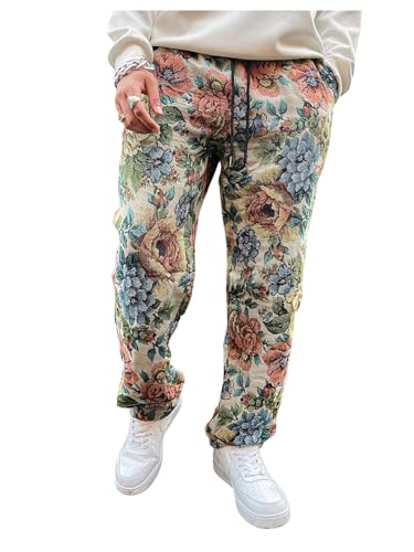 Men's Vintage Floral Straight Leg Baggy Pants Drawstring Waist Trousers with Pockets Streetwear