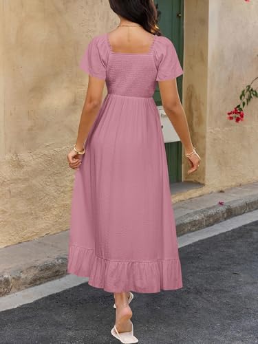Image of BTFBM Womens Summer Dresses 2026 Casual Short Sleeve V Neck Drawstring Wedding Guest Maxi Dresses Boho Beach Long Dress
