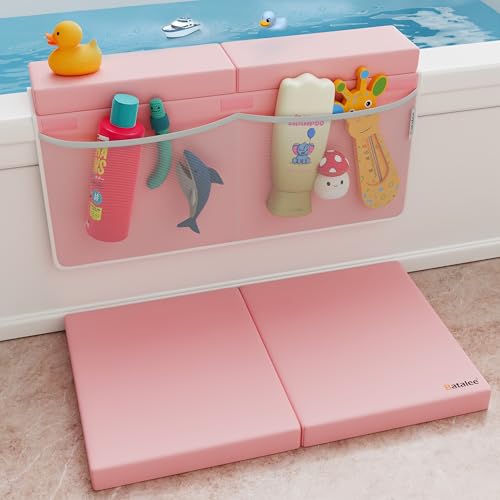 Image of Baby Bath Kneeler and Elbow Rest Pad Set, Non-Slip Painless Thick Kneeling Pad - Foam Kneeling Pad for Bathing Babies - Knee Saver & Arm Support with 4 Pockets Toy Organizer (Large, Baby Pink)