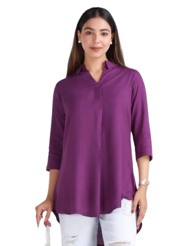 Image of Mlada Rayon Flare Top for Women | 3 /4th Sleeve Regular Fit and Flare Top | Women Office Tops Tunic | Western Long Shirt Top for Women | Shirt Collar Top for Women | Rayon Tunic Tops for Women Western