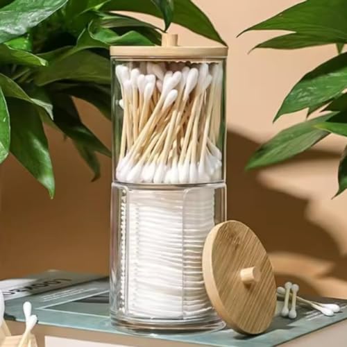 Porta Algodão E Cotonete Duplo Abertura Vertical C/ Tampa De Bambu Pote Acrilico Transparente Almofa