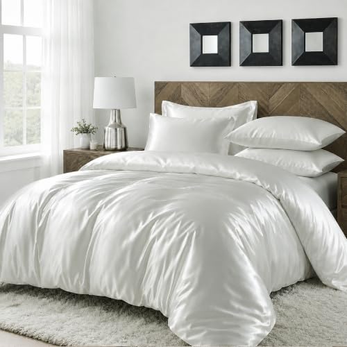 Luowei Satin Bettwäsche 155x220 cm Sommer Weiß Kühlung Luxus Bettwäsche Set Seide Lüster Bequem Bettbezug für Verschiedene Personengruppen Mit Reißverschluss und 2 Kissenbezüge 80x80cm
