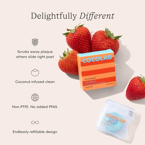 Image of Cocofloss Expanding Woven Dental Floss by Cocolab, Waxed Tooth Floss for Daily Oral Care, Coconut Oil Infused, Vegan, for Adults and Kids, Strawberry Scent, 1 Pack