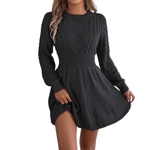 Foweknow Strickkleid Damen Pulloverkleid Mini Herbst Winterkleid Elegant Rundkragen Jacquard Strickkleider Langarm Warme Pullover Geripptes Bodycon...