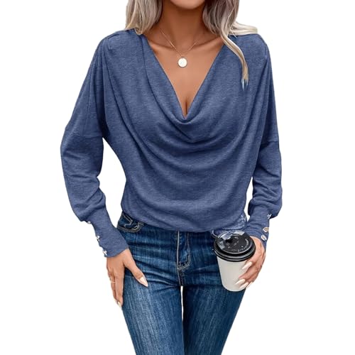 Chenxi Studio Blusa clásica con cuello en V para oficina, casual, manga larga, drapeada, fruncida, cuello drapeado, para mujer, blusa frontal fruncida, azul marino, XXL