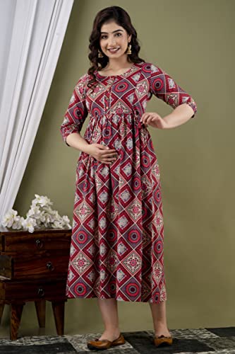 Image of JAIPURFAME Maternity Feeding Kurti with Zipper | Cotton Floral Printed Pregnancy & Nursing Dress | Comfortable & Stylish Maternity Wear for Women | Breastfeeding Kurta with Zipper | Soft & Elegant