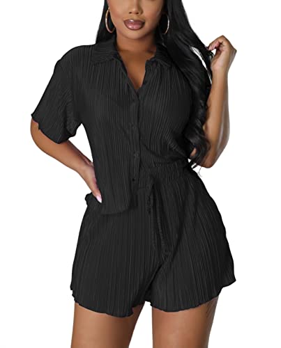 Women 2 Piece Pleated Set Short Sleeve Shorts Plisse Matching Colorful Outfits Summer Vacation Button Down Y2k Shirt