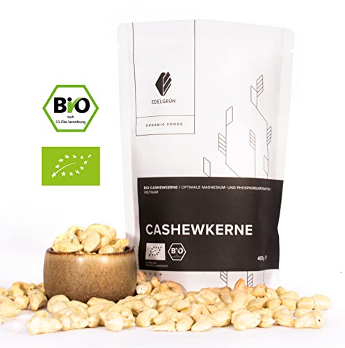 Edelgrün Bio Cashew 0,4 kg | Cashewkerne ohne Bruch | Ungesalzen | Als Snacks, im Müsli und zur Weiterverarbeitung als Frischkäse (vegan) oder Creme | Cashews | Nüsse | Nuts | Superfood (400) Cover