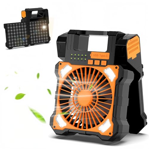 Image of HASTHIP Rechargeable Fan for Home 5200mAh Solar Powered & 90 Foldable LED Camping Fan Battery Fan Rechargeable Big Size with Dual USB Interfaces, 5 Airflow Speeds & Dimmable Light with Handle & Hook
