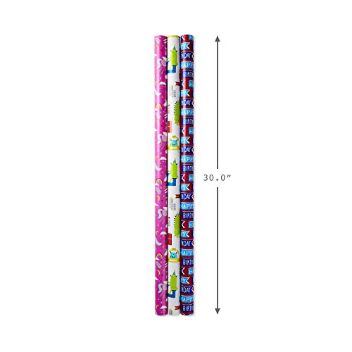 Hallmark Reversible Kids Birthday Wrapping Paper, Monsters and Unicorns (Pack of 3, 120 sq. ft. ttl.)