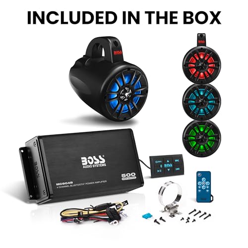 BOSS Audio Systems UNI4RGB ATV UTV Marine Boat IPX5 Weatherproof 4 Inch Stereo Wake Tower Speakers (x4) And 4 Channel Weatherproof Bluetooth Amplifier