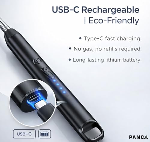 Image of PANCA Electric Rechargeable Plasma Gas Lighter for Kitchen & BBQ | USB Type-C Windproof Arc Lighter with 360 Flexible Neck | for Gas Stove, Candles, Diya & Pooja Use (Multi)