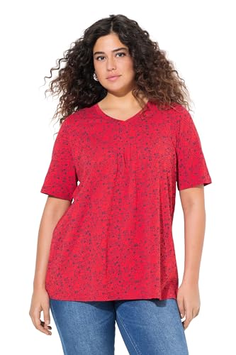 Ulla Popken Damen große Größen Übergrößen Plus Size T-Shirt Fische Zierfalten V-Ausschnitt Halbarm neon rot 42+ 839576520-42+