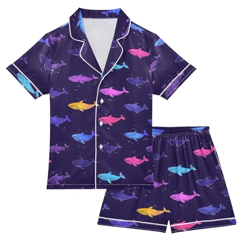 ALAZA Rainbow Shark Whale Blue Satin Pajamas Set Short Sleeve Button Down Sleepwear Summer Pjs 2 Piece