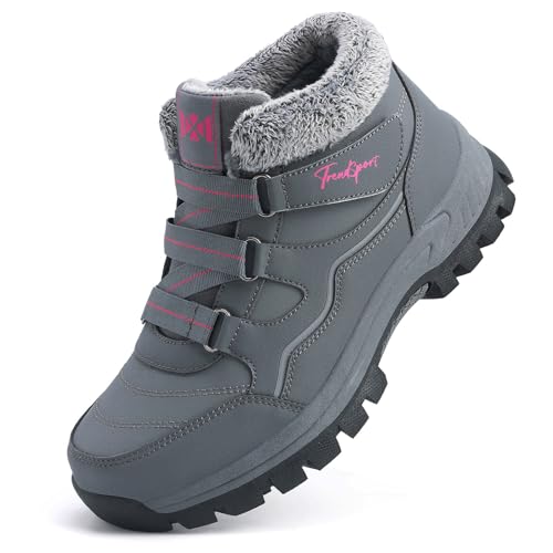 Qiucdzi Womens Winter Snow Boots Warm Fur Lined Anti-Slip Ankle Booties Walking Shoes Non-Slip Outdoor Trekking Shoes Grey Size 10.5