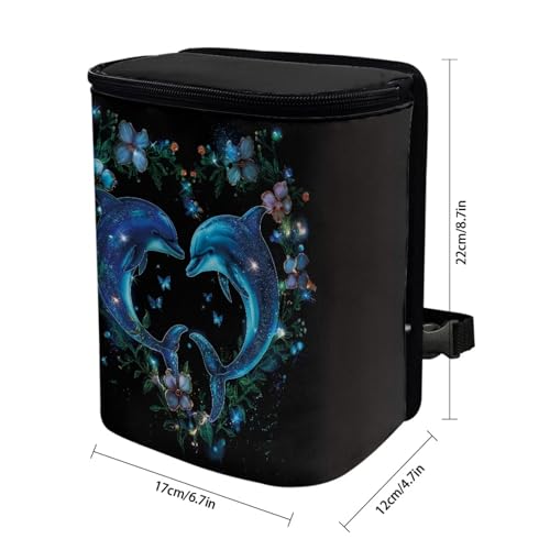 Image of Talayituse Dolphin Flower Heart Print Car Trash Can with Lid, Leak Proof Auto Trash Bag Hanging Vehicle Garbage Can Multipurpose Storage Container for Back Seat Road Trip