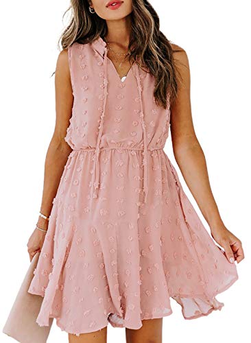 Sidefeel Womens Sexy Deep V Neck Sleeveless Solid Color Flowy Pom Pom Detailing Swiss Dot Dress Elegant Ruffle Chiffon Mini Skirt Sundress Pink Medium