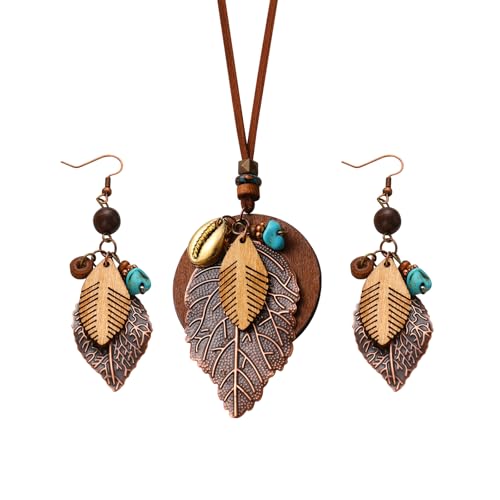 ROJEMXVE Leather Leaf Jewelry Set - Bohemian Cord Necklace with Wood, Shell Bead Turquoise Vintage Hemp Rope Chain Stack Pendant Ethnic Tribal Earrings