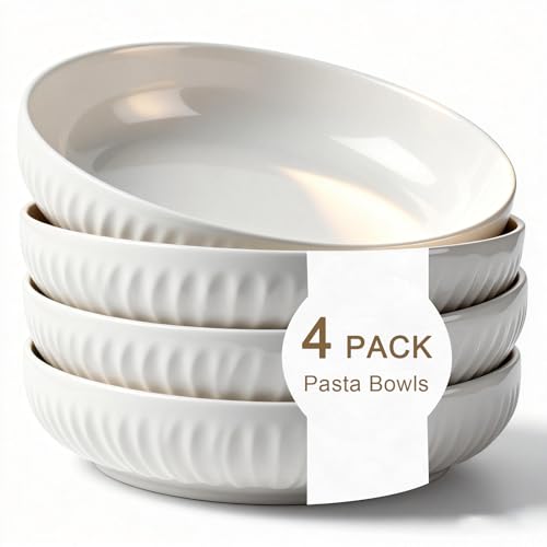 Aoveew 8 Inch Ceramic Pasta Bowls Set Of 4, 40 Oz White Serving Bowls - Microwave, Dishwasher & Oven Safe, Shallow Soup Bowls For Salad, Pasta, Cereal