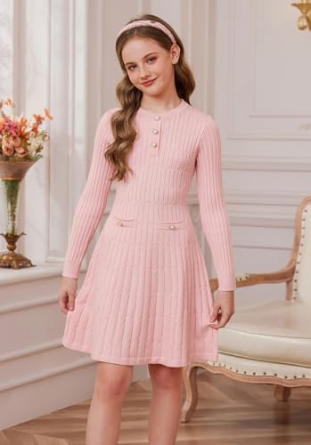 GRACE KARIN Girls Dress Fall Winter Sweater Long Sleeve Cable Knit Button Casual Dresses for Teen Girl 6-14Y2