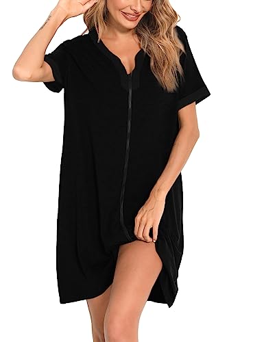 SWOMOG Women Zipper Front House Coat Short Sleeves Robe Zip up Bathrobes Short Nightgown with Pockets S-3XL2