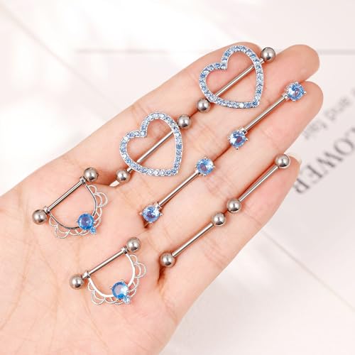 YOVORO 4 pares de anéis de mamilo de titânio G23 14G para mulheres, com zircônia cúbica, hipoalergên