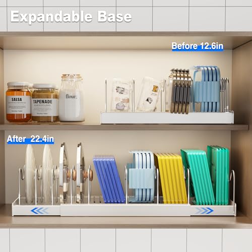 Image of Mustorn Pots and Pans Organizer Under Cabinet, 22 inch Expandable Food Storage Container Lid Organizers with 9 Adjustable Dividers Pot and Pan Lid Holders Rack Inside Cabinet /Countertop (White, 2 Pack)