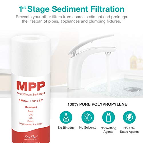 SimPure 5-Stage Reverse Osmosis Replacement Filter Set with 75 GPD RO Membrane, 5pc Pre & Post Replacement Cartridge Pack Kit for Standard 10-icnh 5-Stage Reverse Osmosis RO Systems