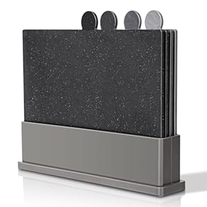 MASTERTOP Schneidebrett Kunststoff Set, 4er Schneidebrett Set mit Ständer, Index Schneidebretter Spülmaschinenfest, Groß Küchenbrett Frühstücksbrettchen für Fisch Fleisch Gemüse Obst