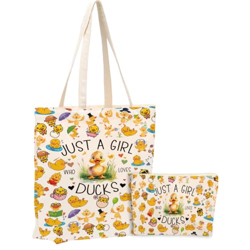 A Girl Loves Ducks Duck Gifts Duck Stuff Decor Canvas Tote Bag with Makeup Bag Gifts for Women Girls Sister Friend Bestie Birthday Graduation Christmas Weekender Beach Shopping Bags for Work Office