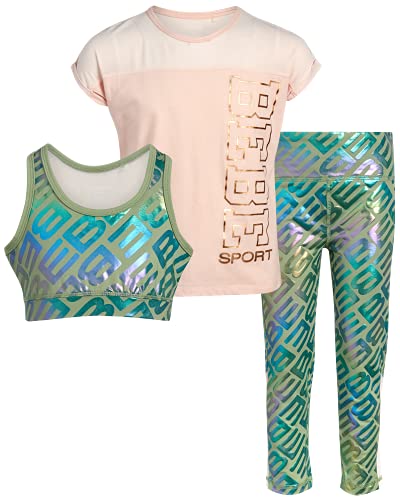 bebe Girls' Workout Set - 3 Piece Athletic Performance T-Shirt, Leggings, and Sports Training Bralette Set, Size 10/12, Grey/Pink