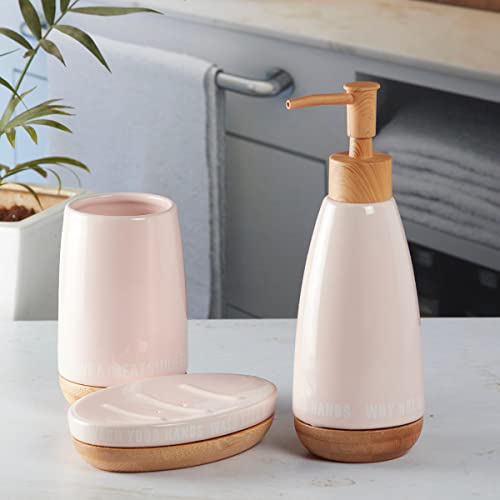 Image of SaSaSa Ceramic Bathroom Set of 3 Modern Bath Accessories Kit with Soap Dispenser, Toothbrush Holder & Dish - Stylish & Elegant Bathroom Decor, Pink (9882)