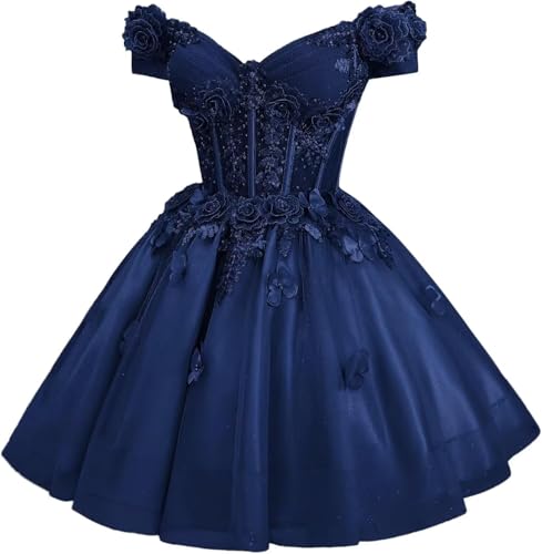 Loyeloy Sparkly Tulle Homecoming Dresses for Teens Off Shoulder Short Quinceanera Dress 3D Flower Short Ball Gown
