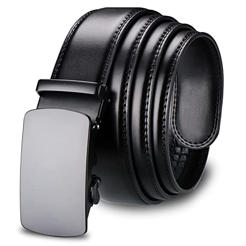 Men's Black Ratchet Dress Belt Comfort Leather Slide Adjustable Buckle, Trim to Fit