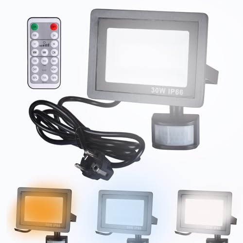 Etrogo 30W Projecteur LED Exterieur Spot Avec Détecteur de Mouvement 3000K 4500K 6000K Dimmable 3000LM avec Télécommande e Prise EU,IP66 Etanche pour Jardin...