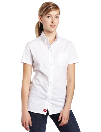 Dickies Girl Juniors Short Sleeve Button Front Poplin Shirt,White,Large