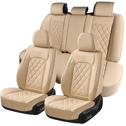 Image of Coverado Car Seat Covers Full Set, Luxury Faux Leather Waterproof Seat Cover, 5 Seat Universal Seat Covers for Cars, Front and Back Car Seat Protector, Beige Leather Seat Cover Fit for Most Cars