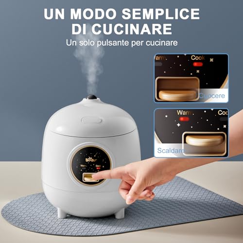 Bear Cuociriso 2-cup uncooked, 1.2L Rice cooker piccolo con rivestimento antiaderente, senza BPA, Mini rice cooker portatile, un pulsante per cucinare e tenere in caldo, bianco - immagine 3