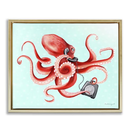 Retro Octopus Rotary Phone Coastal, 24 x 30 Inch Canvas in Floater Frame