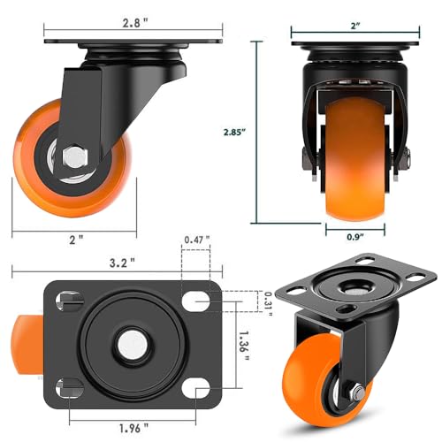 Image of 1.5 Inch Heavy-Duty PU Castor Wheels for Furniture, Swivel Caster Wheels Soft Rubber for Trolleys, Beds, Counters & Wheelchairs 300kg Load Capacity (Set of 4, 2 Brake + 2 Without Brake, Orange)