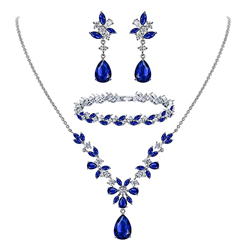 Clearine Parure Forme V Femme Mariage Série Feuilles Mignonnes avec Goutte d'eau Zircon Collier Boucles d'oreilles Pendantes Bracelet Ensemble Strass Bleu Ton...