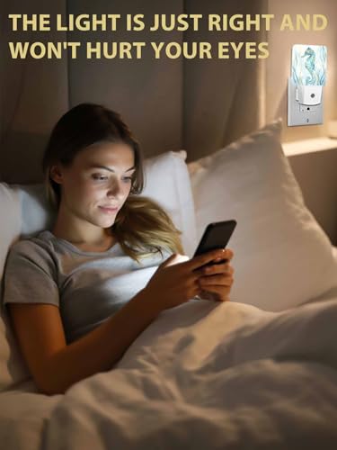 Image of Green Coastal Night Light Plug in LED Teal Coral Seahorse Ocean Marin Life Automatic Sensor Night Lamps Square Night-Light Plug into Wall for Bedroom Bathroom Kitchen Hallway Decor